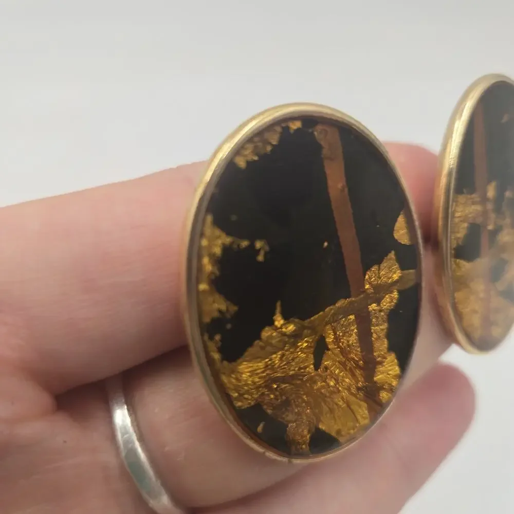 Vintage Black Gold Foil Oval Clip On Earrings Statement Abstract Mid Century Mod